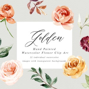 Watercolor floral Clip Art-Golden Graphic Elements/Small Set/Individual PNG files/Hand Painted/Wedding design/Autumn/Rustic