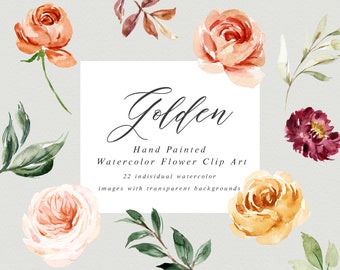 Watercolor floral Clip Art-Golden Graphic Elements/Small Set/Individual PNG files/Hand Painted/Wedding design/Autumn/Rustic