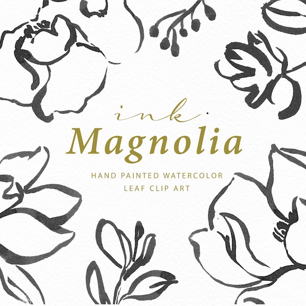 Hand-Drawn Clip Art -Ink Magnolia/Small Set/Individual PNG files/Hand Painted/Wedding design/Rustic