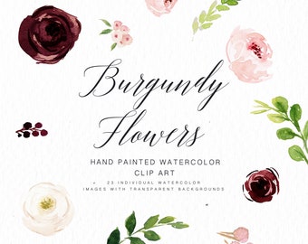 Watercolor flower elements-Burgundy Flowers Graphic Elements/Small Set/Individual PNG files/Hand Painted/Wedding design/Rustic