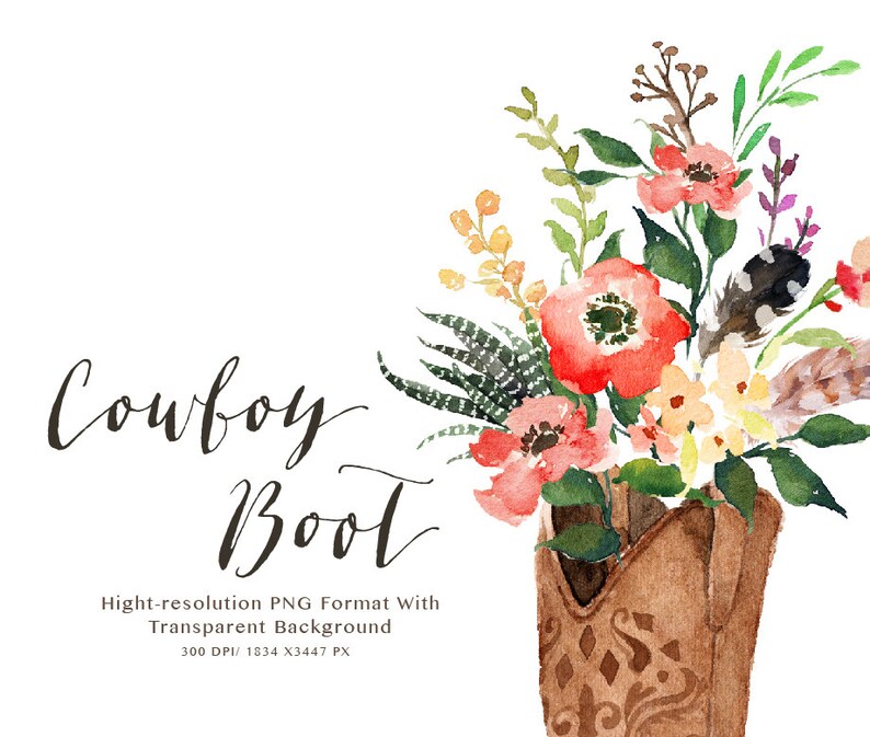 Watercolor cowboy boots/Wedding/Small Set/Individual PNG files/Hand Painted/boho style/rustic image 3