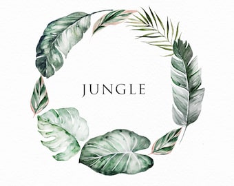 Watercolor leaf wreath clipart-Jungle/Small Set/Hand Painted/Wedding design