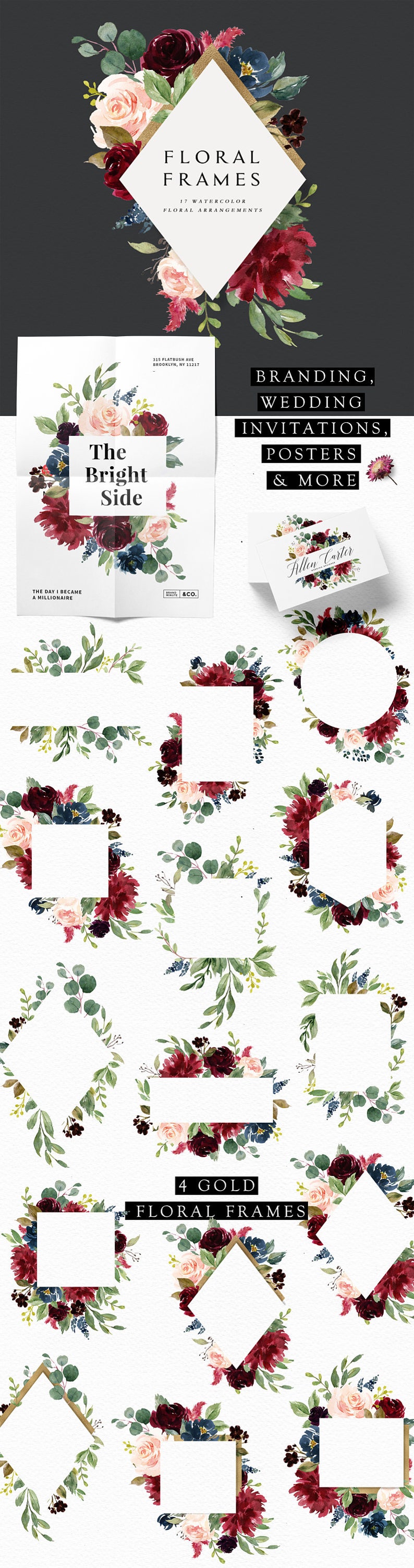 Burgundy & Navy Floral Graphic Set/Large Set/Wedding/Individual PNG files/Hand Painted/wedding invitation/Autumn image 3