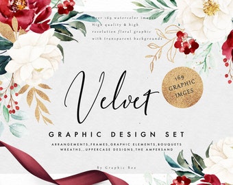 Watercolor Graphic Set-Velvet/Large Set/Individual PNG files/Hand Painted/Holiday Card /Christmas /Rustic/Burgundy and Ivory