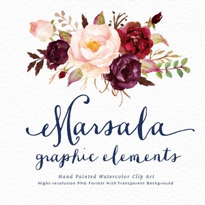 Watercolor floral Clip Art-Marsala Graphic Elements/Small Set/Individual PNG files/Hand Painted/Wedding design/Bohemian/Boho/Rustic image 1