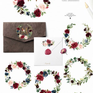 Burgundy & Navy Floral Graphic Set/Large Set/Wedding/Individual PNG files/Hand Painted/wedding invitation/Autumn image 7
