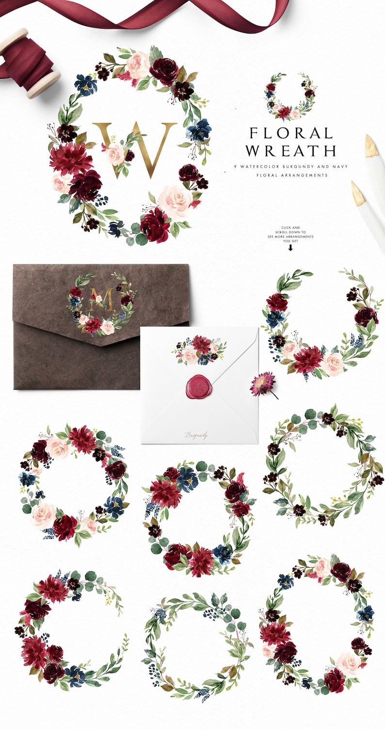 Burgundy & Navy Floral Graphic Set/Large Set/Wedding/Individual PNG files/Hand Painted/wedding invitation/Autumn image 7