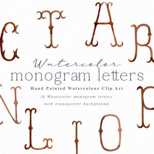 May include: Watercolor monogram letters in a copper color with a white background. The letters are in a decorative font with swirls and flourishes. The text "Watercolor monogram letters" is written in a cursive font below the letters. The text "Hand Painted Watercolour Clip Art" is written below the first line of text. The text "26 Watercolor monogram letters with transparent background" is written below the second line of text.
