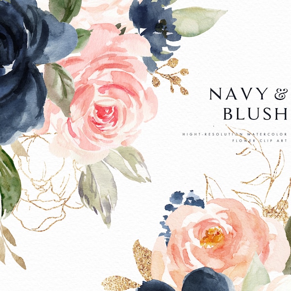 Watercolor floral Clip Art-Navy & Blush/Small Set/Wedding/Individual PNG files/Hand Painted/wedding invitation