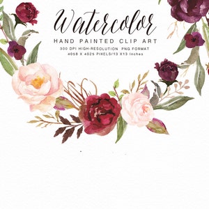 Watercolor flower wreath clipart-Burgundy/Small Set/Hand Painted/Wedding design image 2