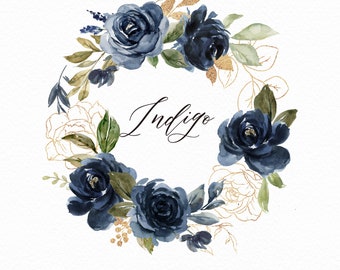 Watercolor floral wreath-Indigo/Small Set/Individual PNG files/Hand Painted/Wedding design