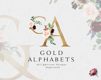 Watercolor uppercase designs - Gold Alphabets/Small Set/Individual PNG files/Hand Painted/Wedding design/Autumn/Burgundy florals/Ampersand/