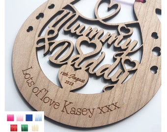 Mummy and Daddy Perfect Wedding Memento Cherry Wood Horseshoe Wedding Gift - Various Ribbon Colours Available