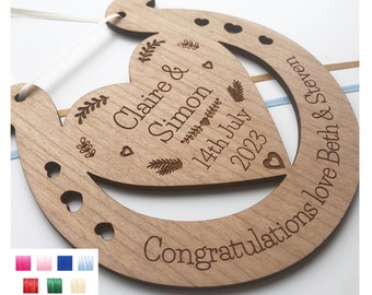 Perfect Wedding Memento Cherry Wood Mr & Mrs Horseshoe Wedding Gift - Various Ribbon Colours Available