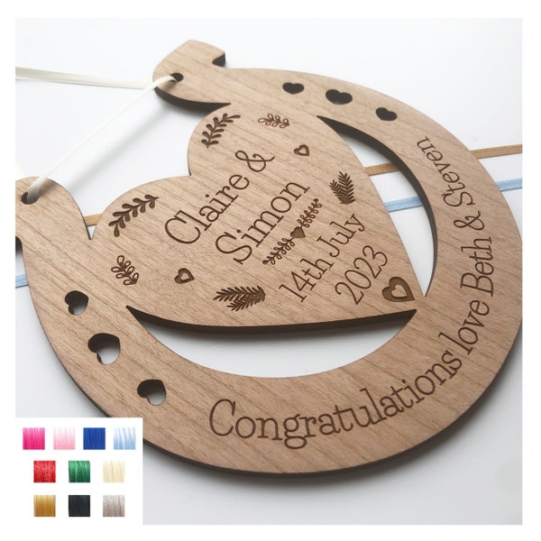 Perfect Wedding Memento Cherry Wood Mr & Mrs Horseshoe Wedding Gift - Various Ribbon Colours Available