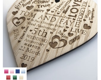 Personalised Wedding Anniversary Gift Wooden Engraved Heart Plaque - Perfect Gift For 5th Anniversary and more