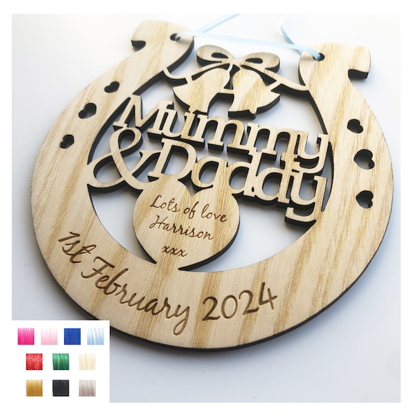 Mummy Mommy Mammy & Daddy Personalised Wedding Gift Lucky Horseshoe Plaque Sign 3mm Thick - Various Ribbon Colours Available