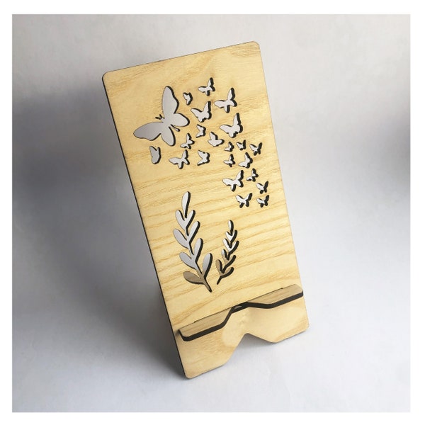 Wooden Mobile Phone Stand Holder Cradle With Butterfly Design Motif - Ash Wood Laser Cut and Engraved Desk Tidy