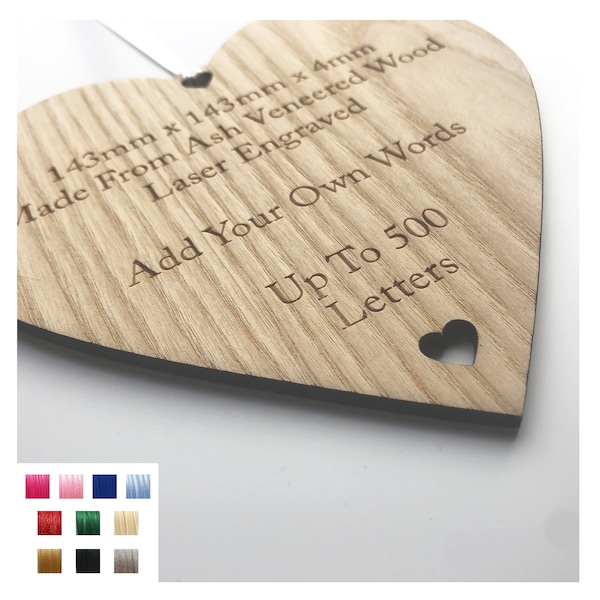 Personalised Wooden Heart Plaque Sign - Custom Bespoke Made To Order With Your Own Word Text 3MM -  Various Ribbon Colours Available