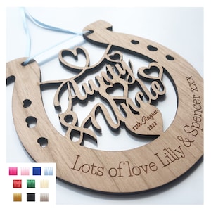 Aunty and Uncle Perfect Wedding Present Memento Cherry Wood Horseshoe Wedding Gift - Various Ribbon Colours Available