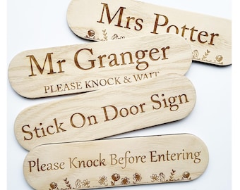 Personalized Ash Wood Door Sign - Self Adhesive, Stick On Custom Engraved
