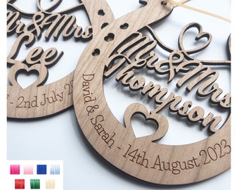 Mr and Mrs Perfect Wedding Memento Cherry Wood Horseshoe Wedding Gift - Various Ribbon Colours Available
