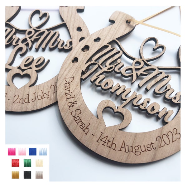 Mr and Mrs Perfect Wedding Memento Cherry Wood Horseshoe Wedding Gift - Various Ribbon Colours Available