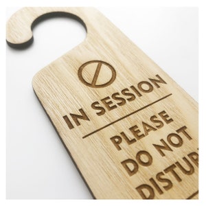 May include: Wooden door hanger with a circle and a line through it, the text "IN SESSION" above a line, the text "PLEASE" above a line, the text "DO NOT" above a line, and the text "DISTURB" below a line.
