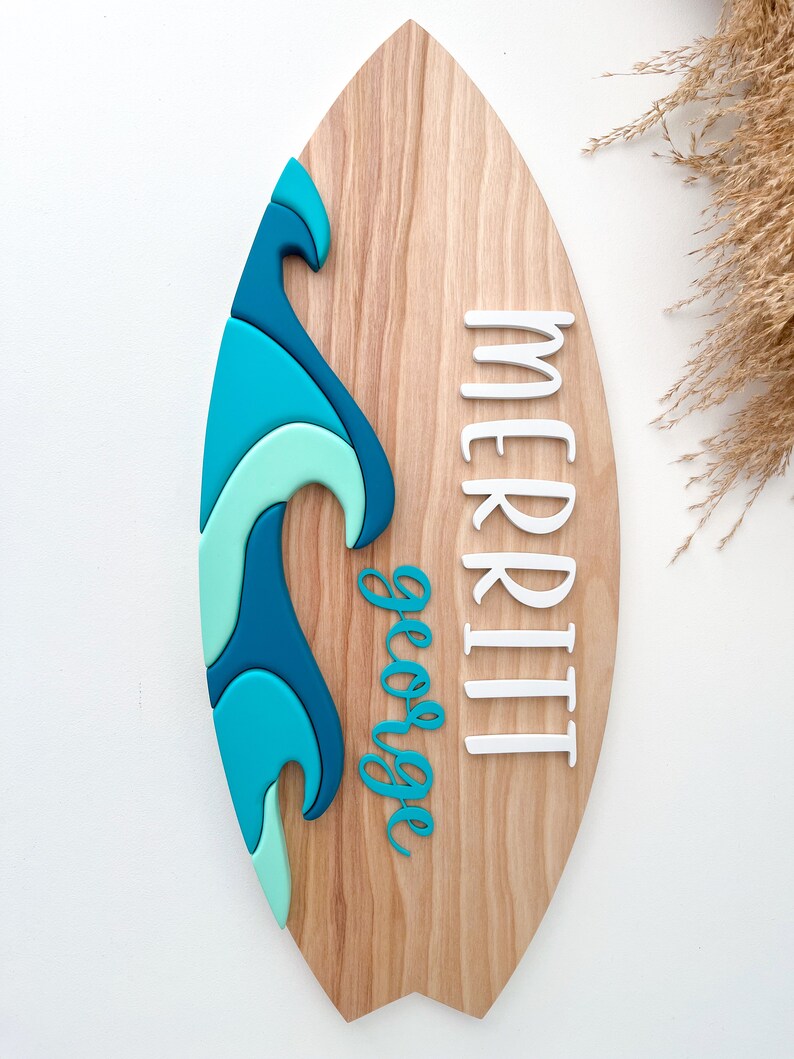 23 Inch Surfboard Name Sign With Layered Waves | Surfboard Wall Decor ...