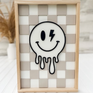 Happy Face Wall Art; Checkered Smile Sign; Retro Smile