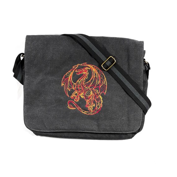 Dragon messenger bag black canvas with an embroidered dragon Etsy