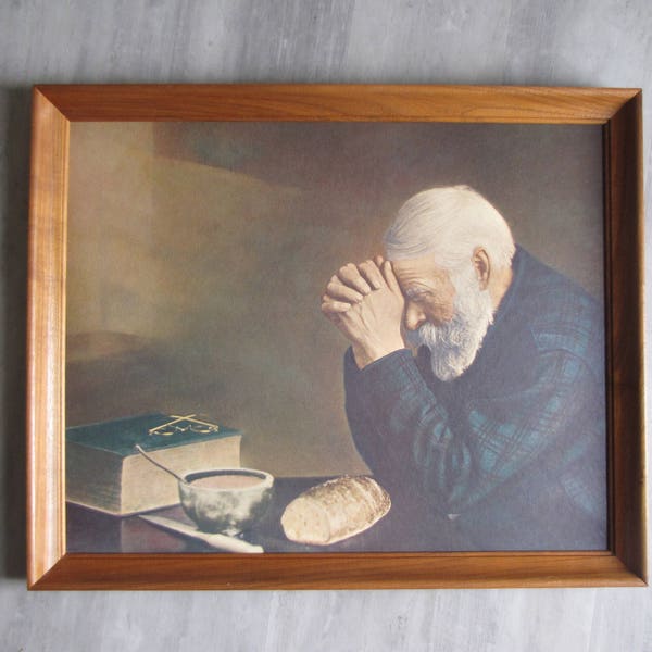 Vintage Hombre "Gracia" rezando antes de cenar - arte de la pared - colgante de pared - 21 X 17