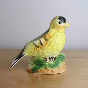May include: A yellow ceramic bird planter with black markings and green leaves. The bird has a small opening in its back for planting.