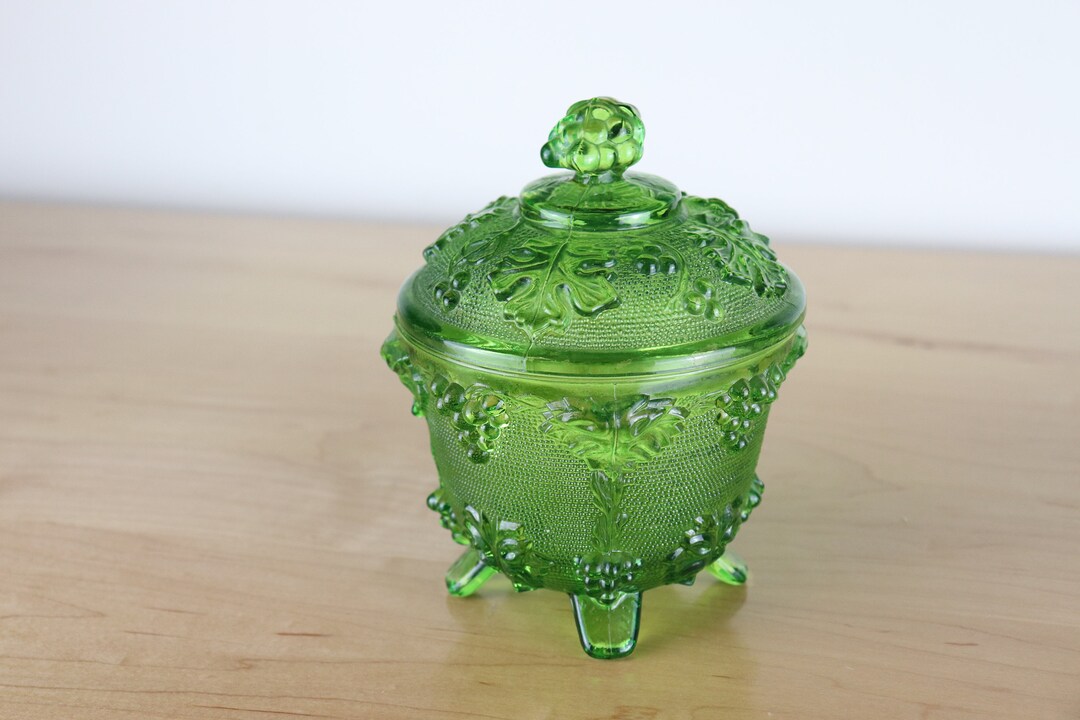 Vintage Green Glass Compote Candy Jar With Lid Etsy