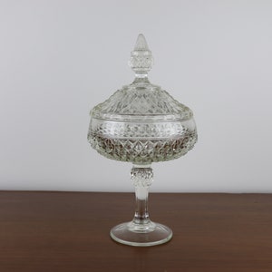 Vintage Clear Glass Compote Candy Jar with Lid - Diamond Cut - 12 inches tall