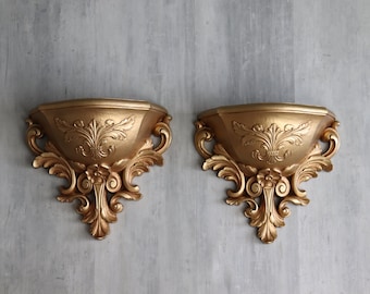 SALE Vintage Homco Plastic Gold Wall Sconce / Wall Pocket / Wall Hangings - Set of Two