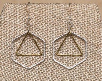 Hammered mixed metal, geometric earrings with silver hexagon and gold triangle