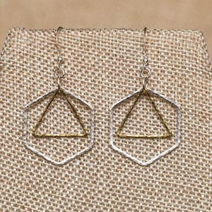 Hammered mixed metal, geometric earrings with silver hexagon and gold triangle