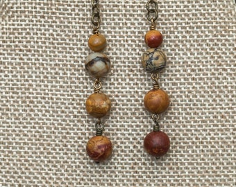 Brick red, tan, and beige jasper stone dangle earrings