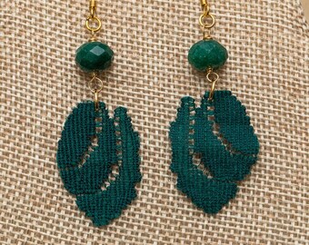 Elegant Deep Green Vintage Lace Earring with Faceted Green Aventurine Stone