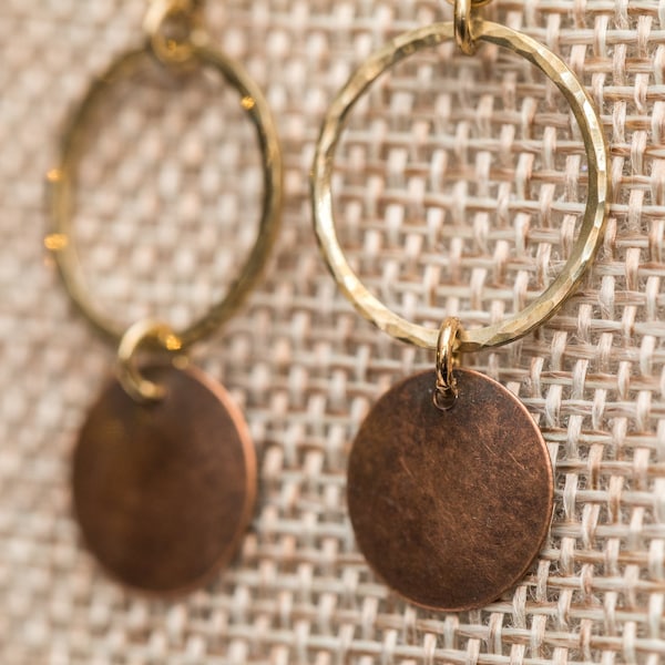 Hammered ring with domed disk dangle earrings in brass and copper, brass and bronze, or aluminum