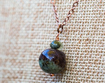 Unique, purple and green, multi-color jasper stone necklace on copper chain