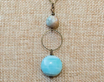 Light teal agate and hammered bronze ring with amazonite stone accent on bronze chain