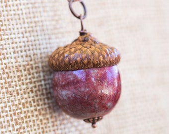 Burgundy red with mottled grey ceramic acorn necklace with real acorn cap on copper chain