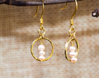 Dainty hammered brass and pale pink pearl earrings