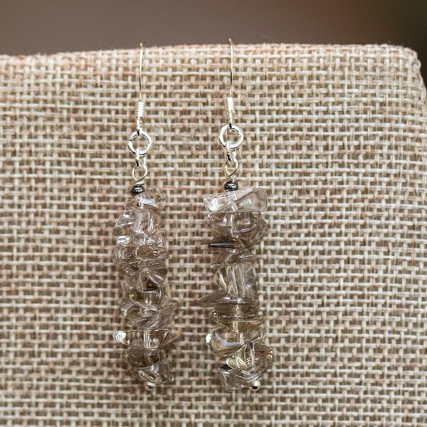 Smoky quartz clear gray stone chip dangle earrings