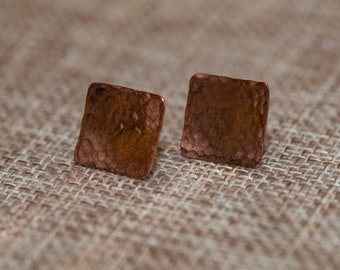 Hammered copper square geometric post earrings