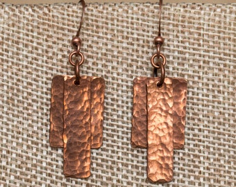 Hammered copper layered rectangle geometric earrings