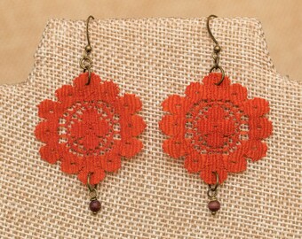 Burnt Orange Vintage Lace Earrings with Wooden Bead Dangle