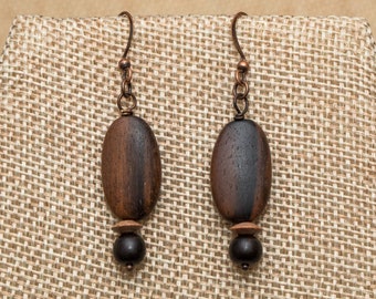 Elegant brown and black mixed wood bead earrings